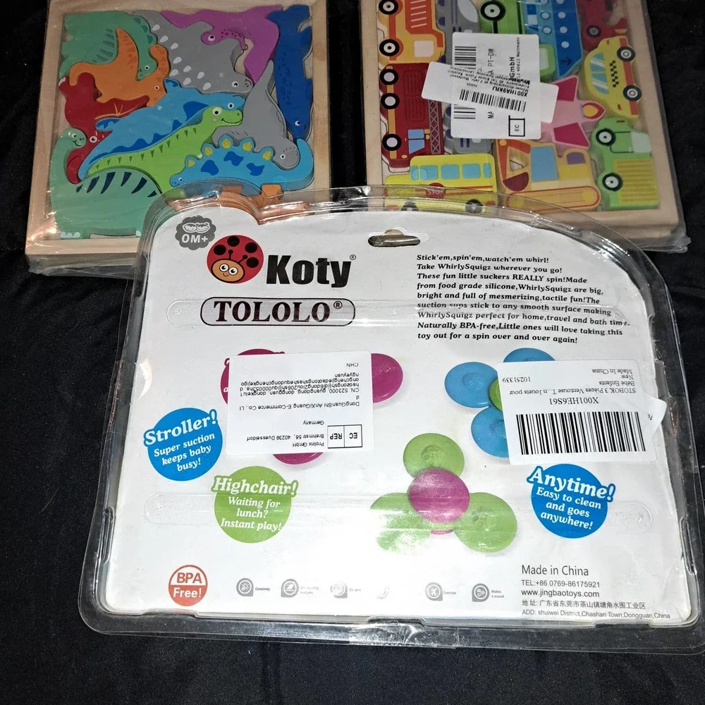 NIB - 2 Montessori Woodend Puzzles with 2 new Suction Spinning